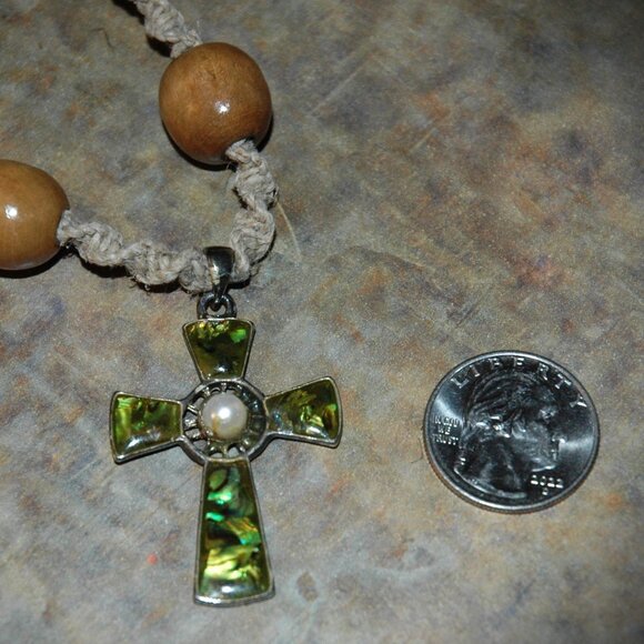 Abalone Like Celtic Cross with a Pearl Center on Tan Hemp Artisan Necklace 17" - Picture 3 of 4